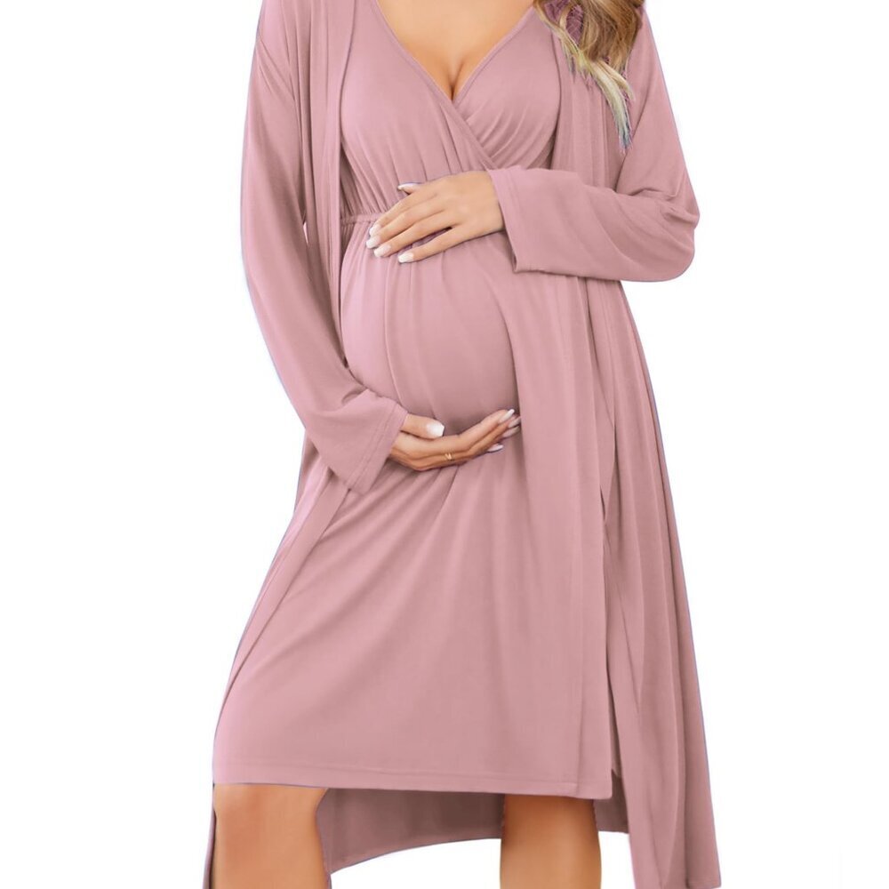 Maternity Nursing Gown Robe Set Sleeveless Breastfeeding Delivery Hospital